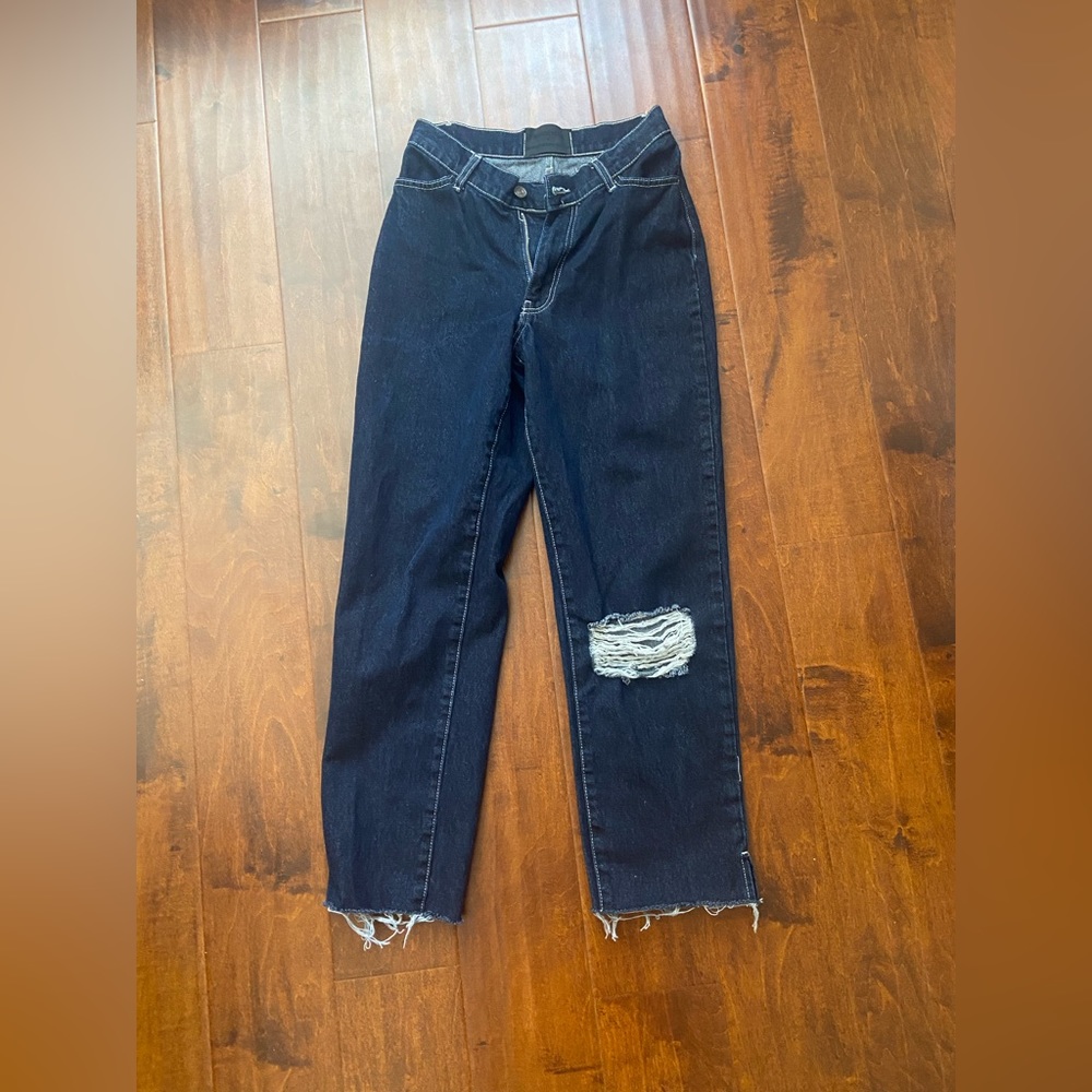 Madison Beer x BooHoo Indigo Split Hem Jean with Rip Knee